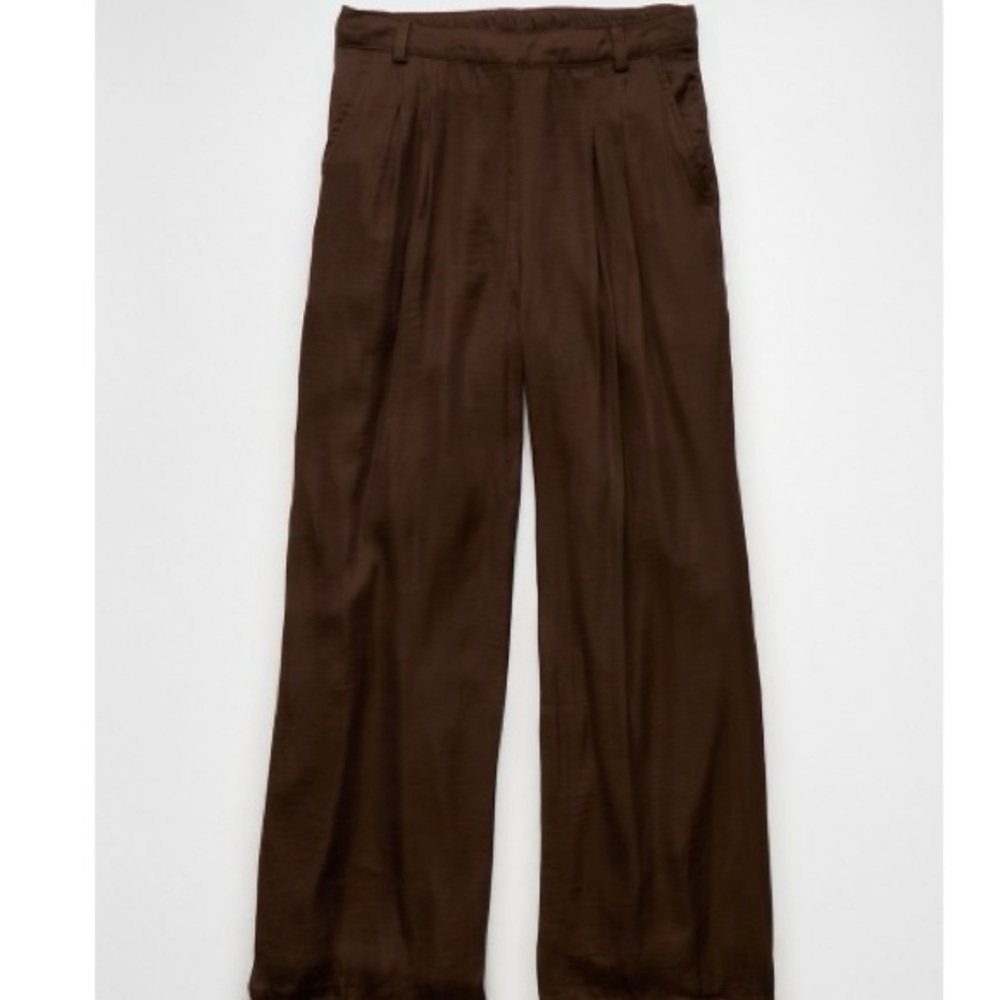 AE Brown Wide-Leg Satin Pants